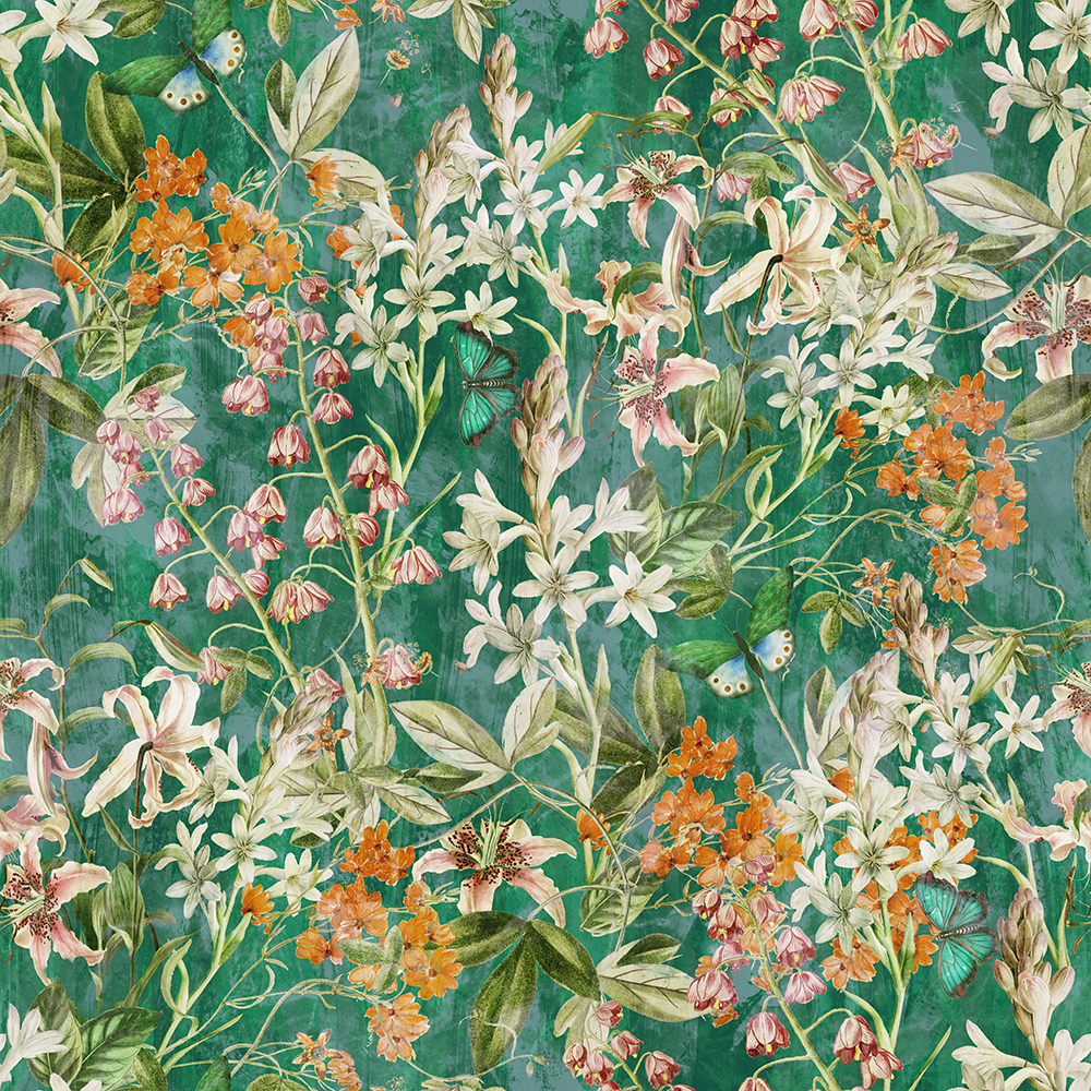 Close shot highlighting butterflies, cream and blush blooms and tangerine accents against emerald tones.