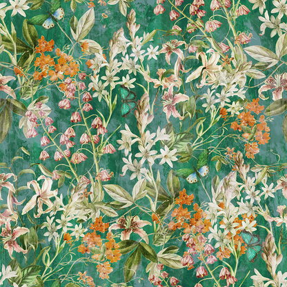 Close shot highlighting butterflies, cream and blush blooms and tangerine accents against emerald tones.