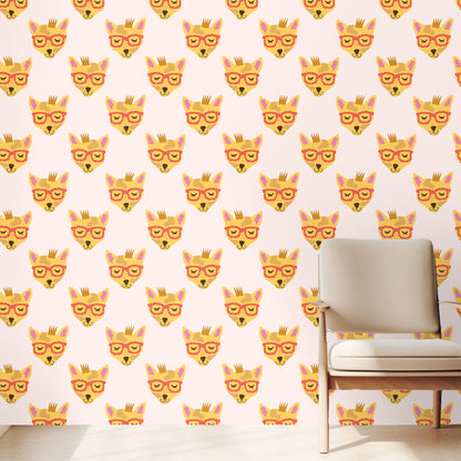 Full repeat wallpaper pattern shown flat with small fox heads wearing coral glasses on a blush background