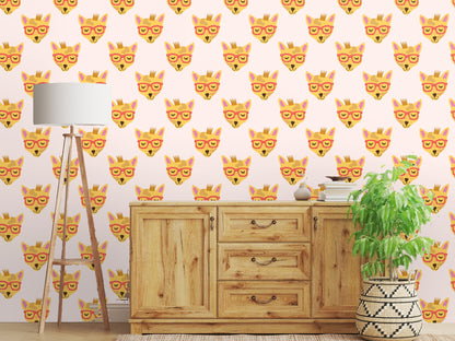 Neutral lounge chair placed against the wallpaper to illustrate motif scale and spacing