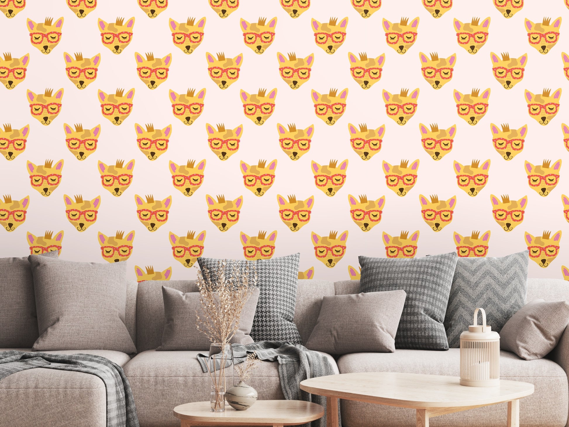 Wide-angle mockup showing wallpaper across a tall wall to demonstrate overall coverage and rhythm