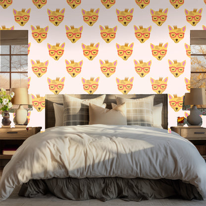 Entryway seating scene with the playful fox repeat paired with wood furnishings and plants
