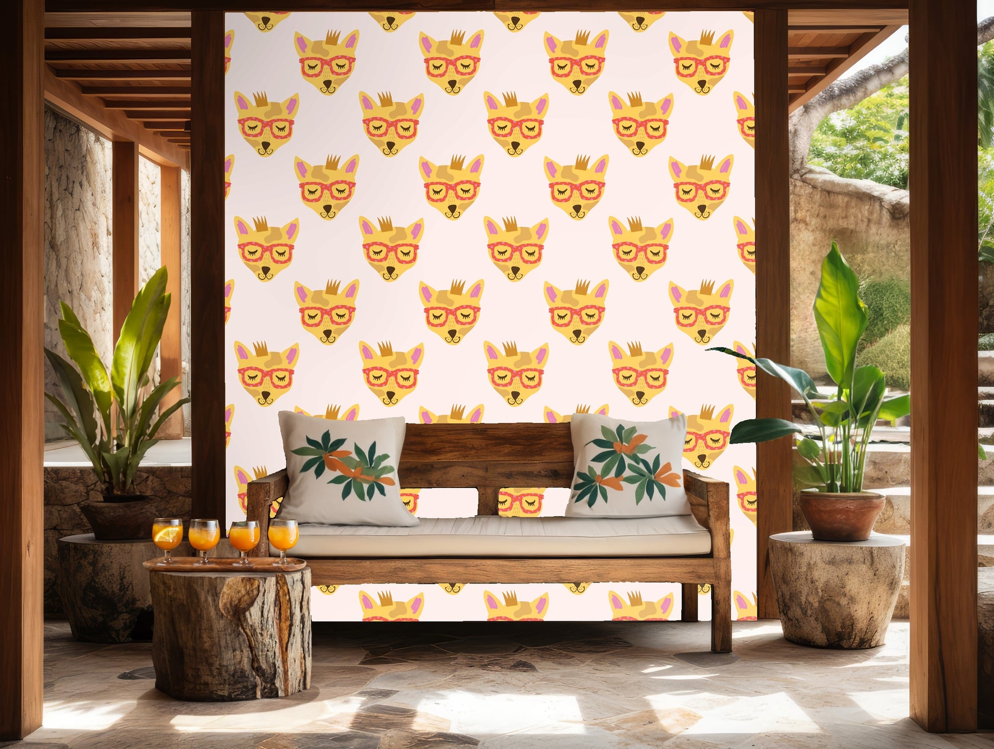 Close-up of the repeating fox motif showing painterly brushstrokes and warm ochre color