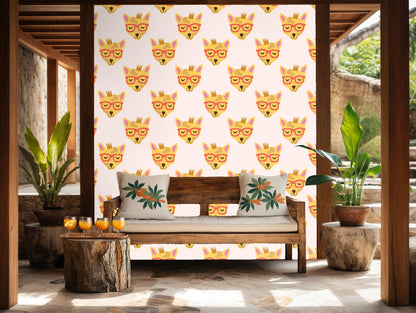 Close-up of the repeating fox motif showing painterly brushstrokes and warm ochre color