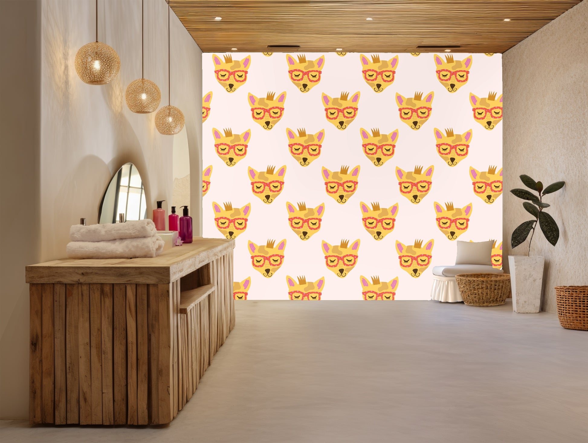 Cropped wall view highlighting coral eyeglass frames and mauve ear accents on pale pink ground