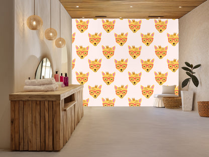 Cropped wall view highlighting coral eyeglass frames and mauve ear accents on pale pink ground