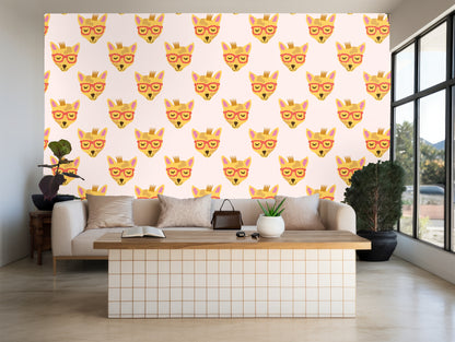 Bright living room mockup with the fox-head wallpaper as a large feature wall behind a low sofa