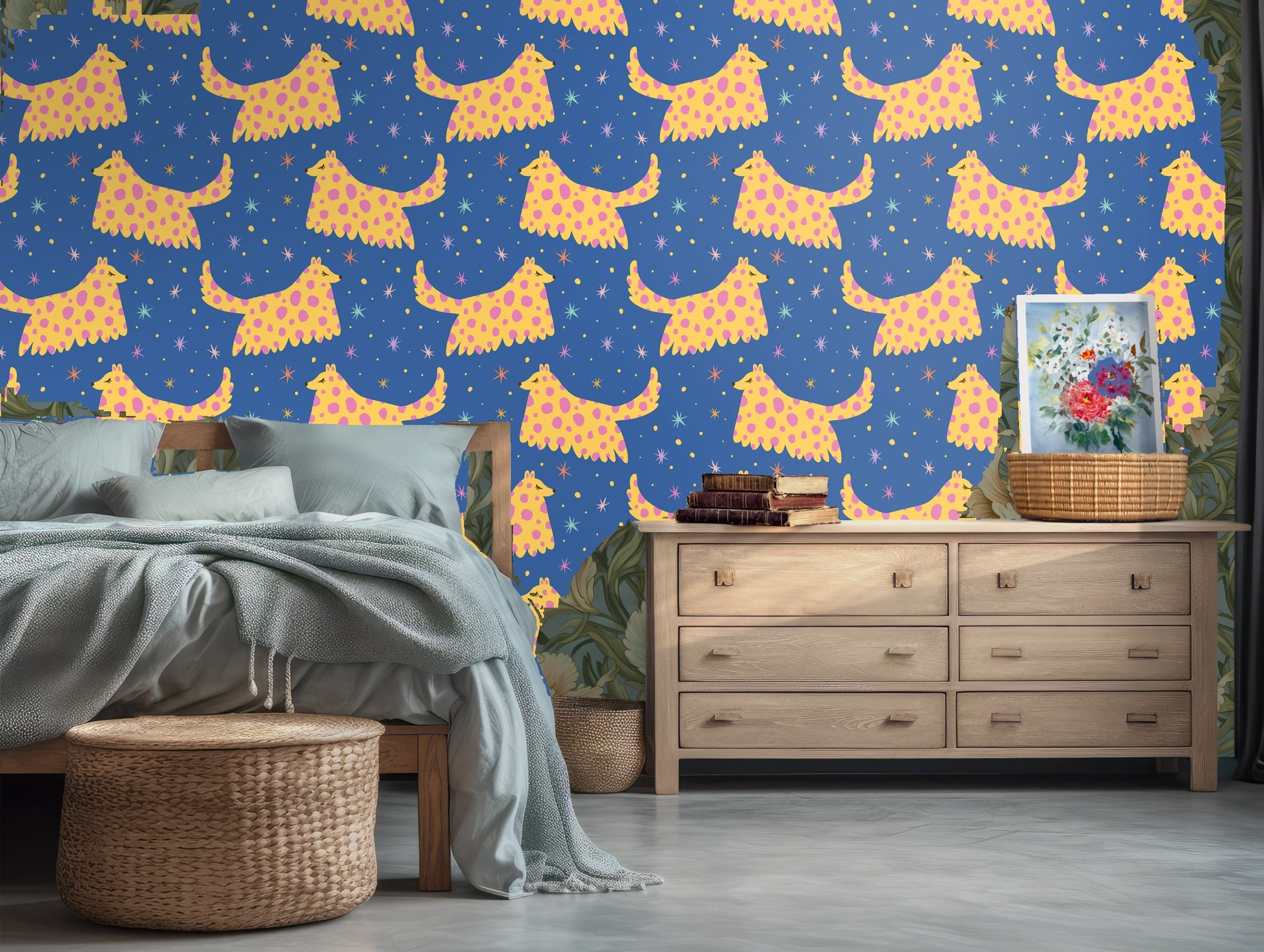Detail crop showing a single yellow spotted hound and surrounding multicolored star shapes against navy
