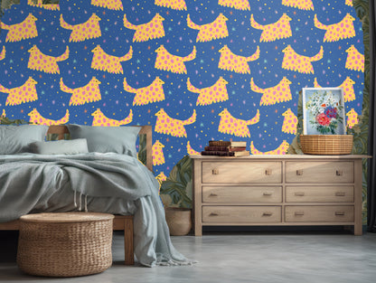 Detail crop showing a single yellow spotted hound and surrounding multicolored star shapes against navy