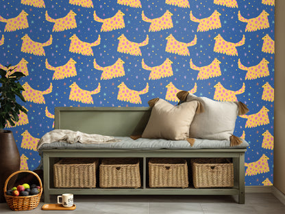 Bedroom headboard wall featuring the pattern across a full wall behind a bed with gray linens