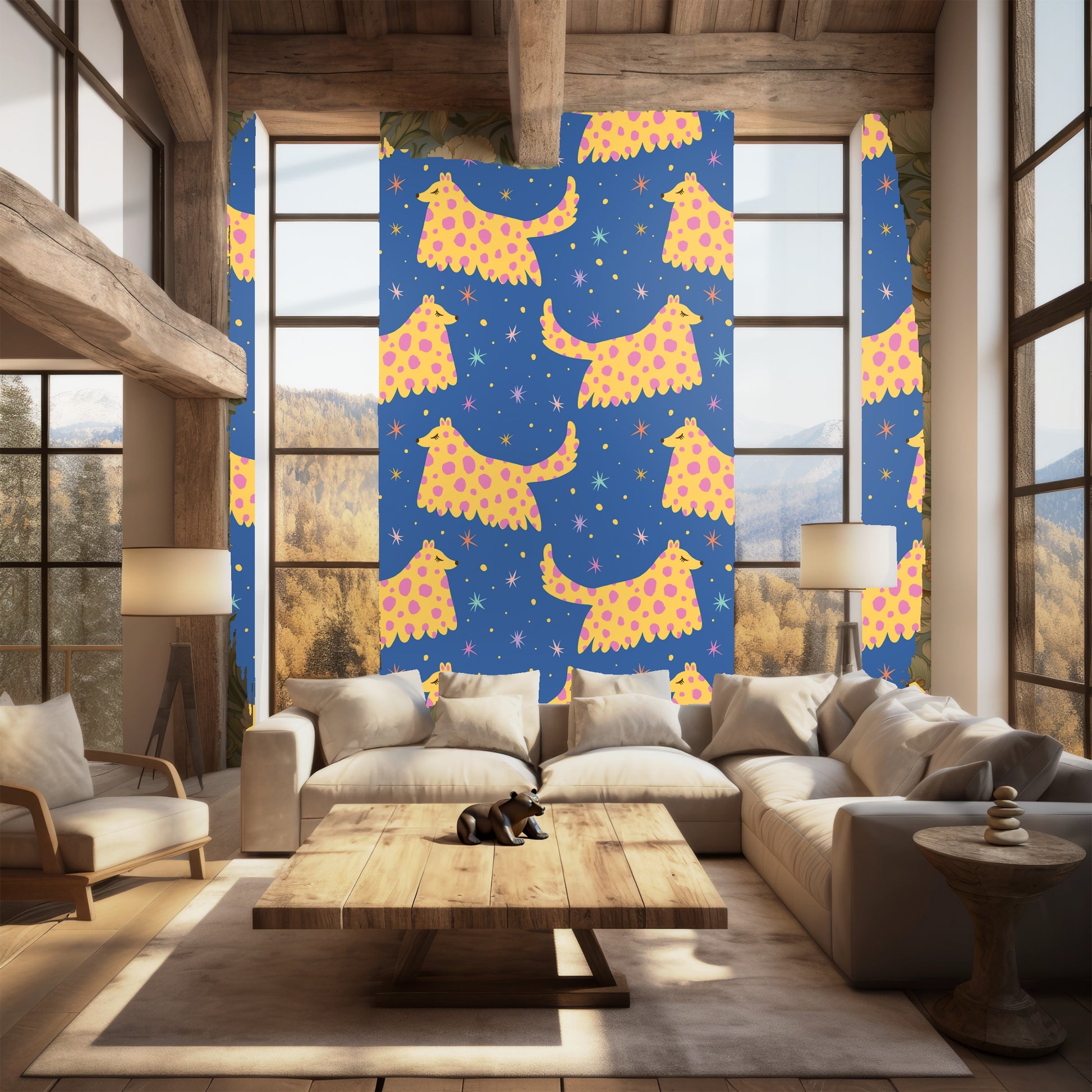 All-over repeat swatch of stylized yellow hounds with pink polka dots on a deep blue star-speckled background