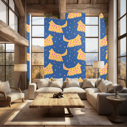 All-over repeat swatch of stylized yellow hounds with pink polka dots on a deep blue star-speckled background