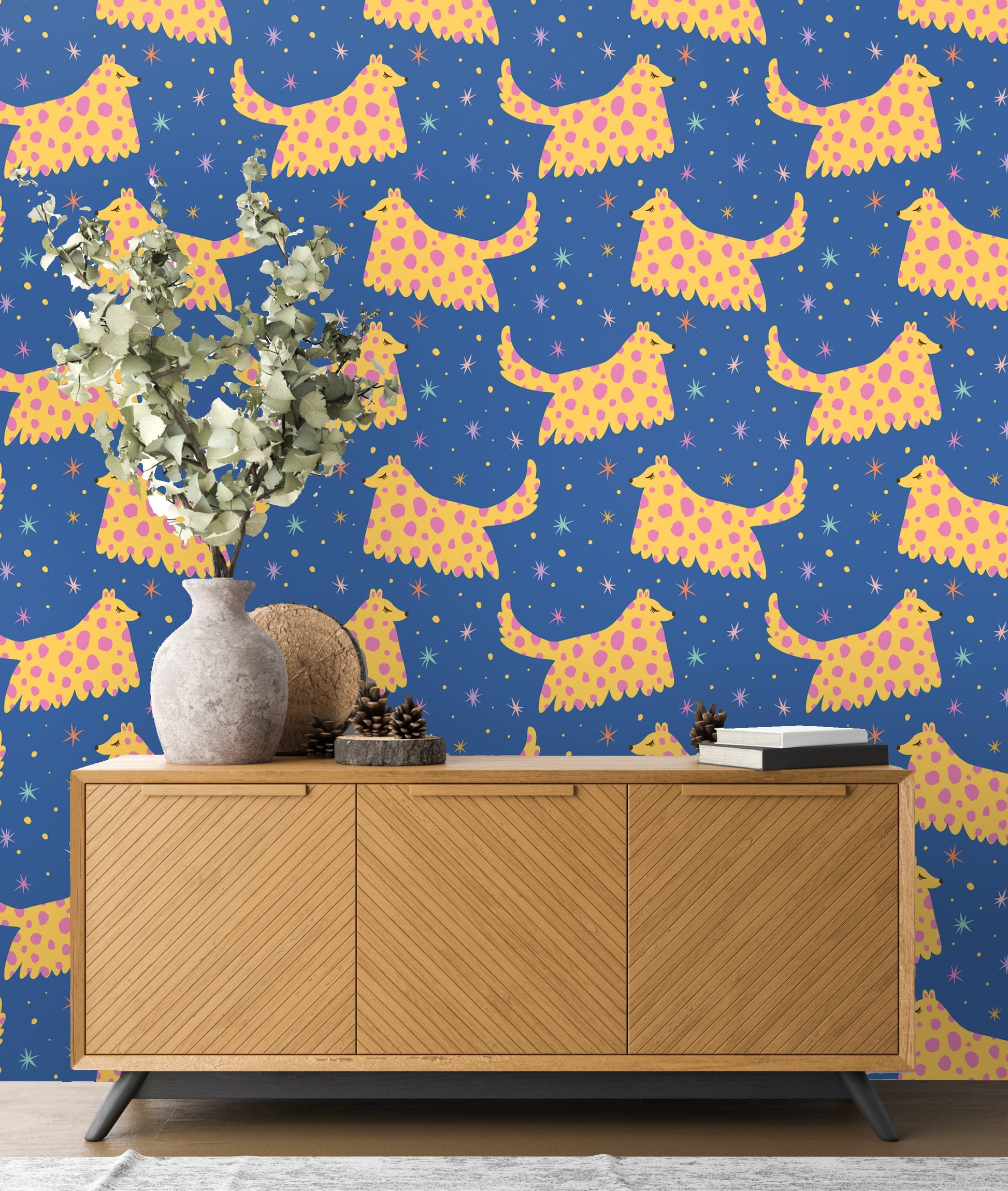 Tall living room mural mockup: floor-to-ceiling Polka Hound Nocturne behind a neutral sofa and exposed wooden beams