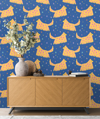 Tall living room mural mockup: floor-to-ceiling Polka Hound Nocturne behind a neutral sofa and exposed wooden beams