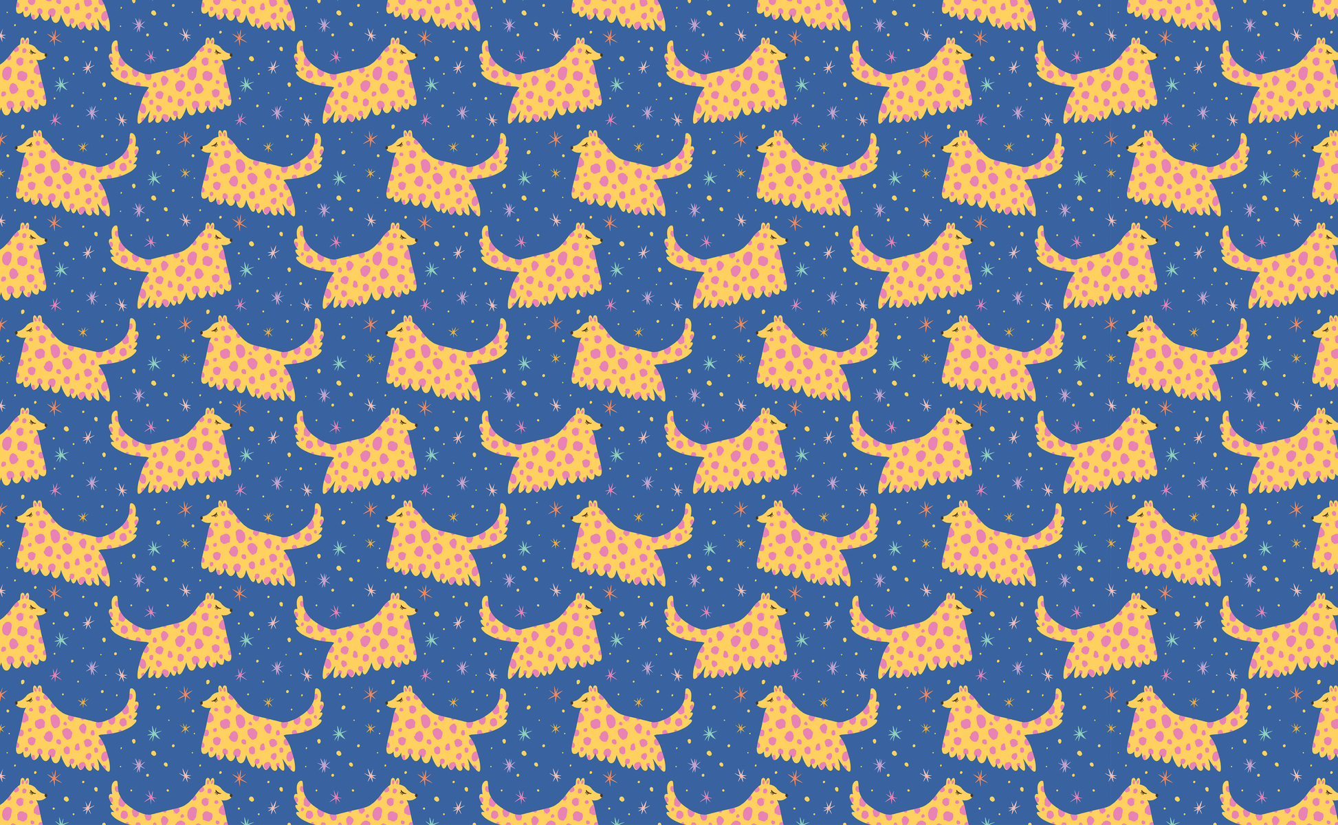 Close detail of motif edge: playful silhouette of the hound with polka-dot texture and small star accents