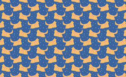 Close detail of motif edge: playful silhouette of the hound with polka-dot texture and small star accents