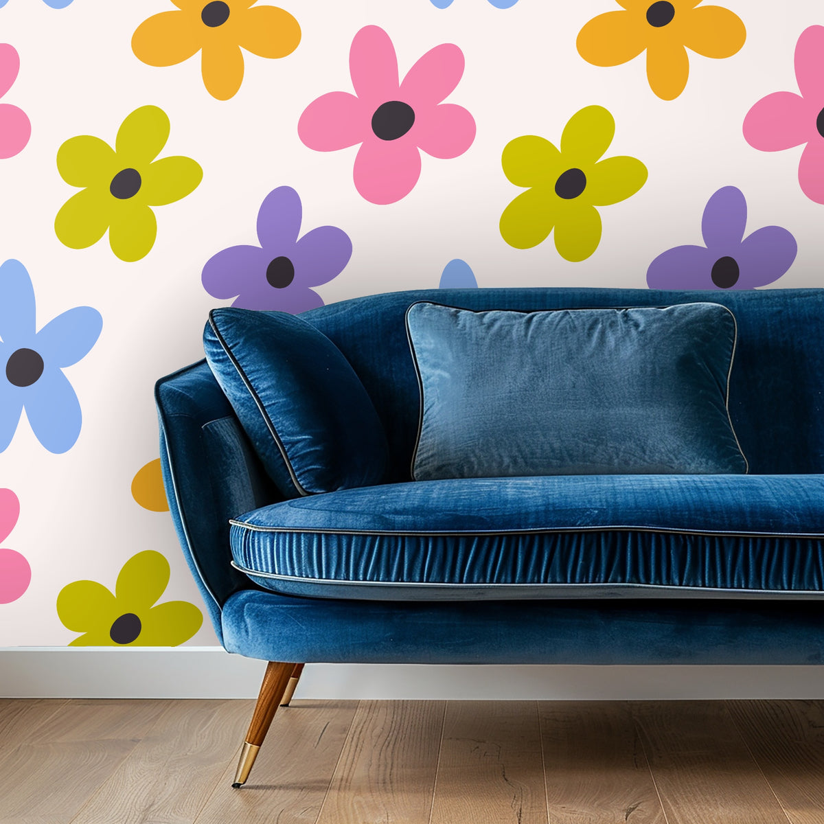 Bedroom scene with a woven wood headboard set against the large-scale floral wallpaper showing colorful oversized blooms