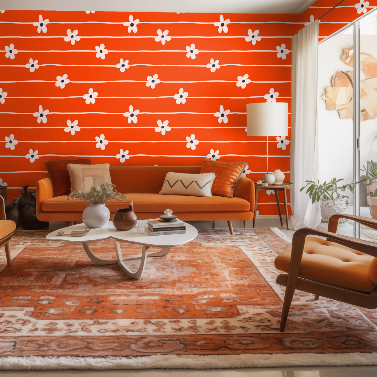 Bathroom vignette: open medicine cabinet against the daisy-stripe wallpaper, showing small cream flowers on a vivid orange background.