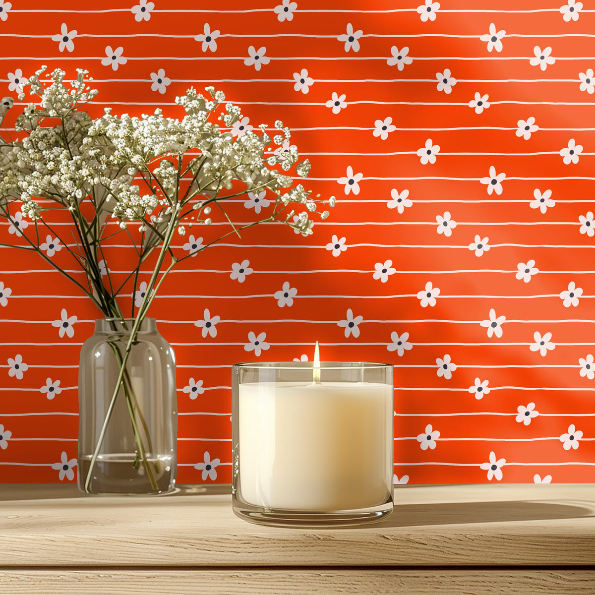 Wide wall view: even field of small daisies and horizontal lines covering a full wall, showing repeat and spacing.