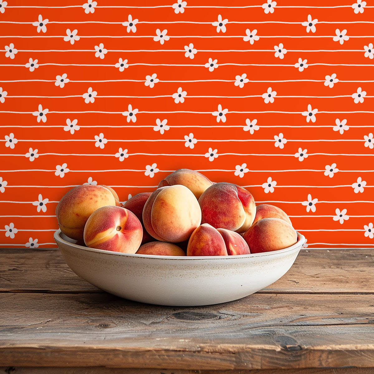 Pet nook: low shot of a dog bed against the wallpaper—playful floral motif livens a pet corner.