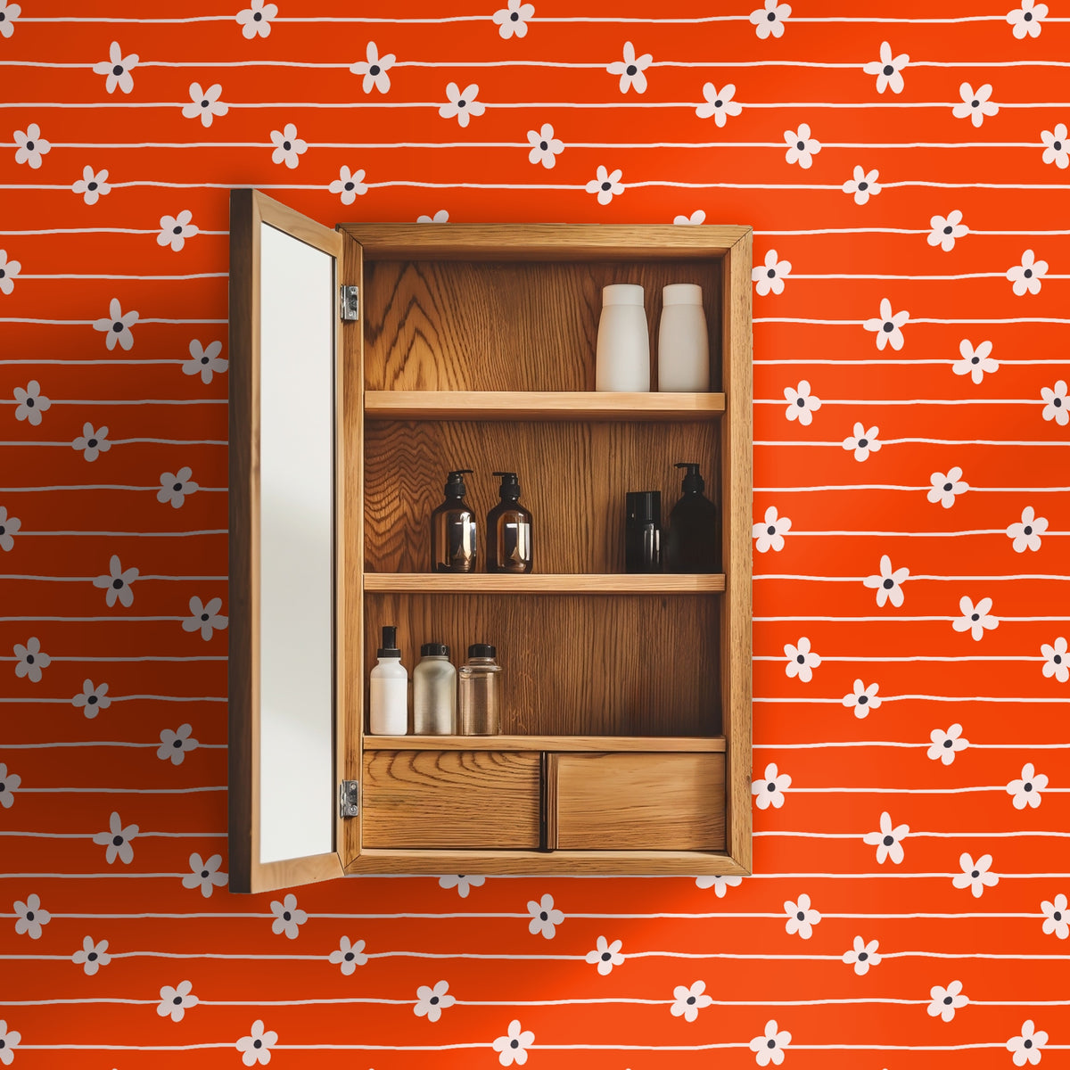 Repeat pattern swatch: bright clementine-orange field with irregular cream horizontal lines and pale five-petal daisies with charcoal dots.
