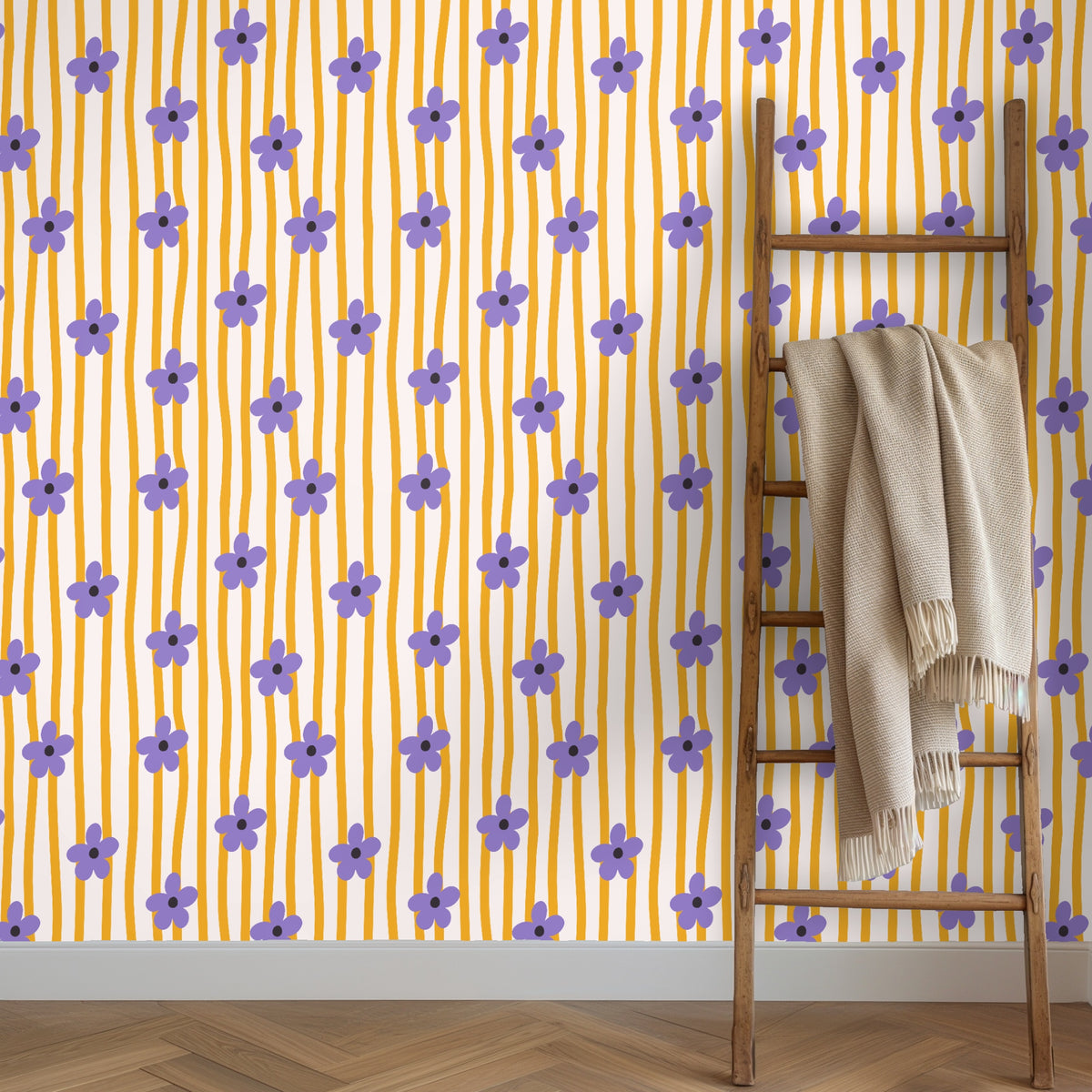 Dressing area with the wallpaper behind a wooden garment rack demonstrating suitability for closets and wardrobes