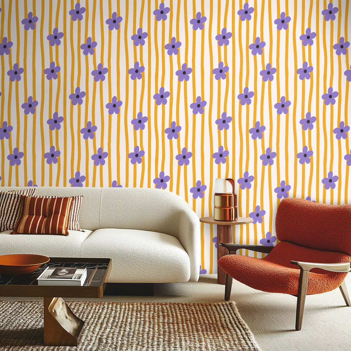 Vaulted ceiling bedroom with wallpaper on the gable wall showing how the vertical stripes accentuate height