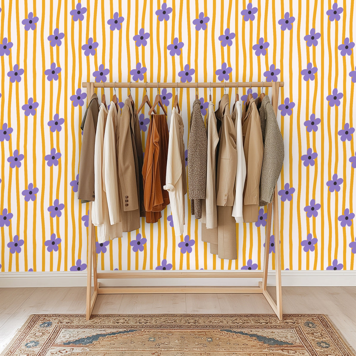 Full bedroom wall with the pattern framed by windows and a centered bed to show overall repeat and balance