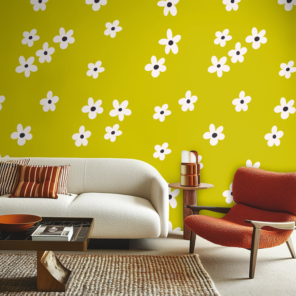 Arched entry alcove lined with Citron Bloom wallpaper, round mirror and a cushioned bench creating a bright welcome.