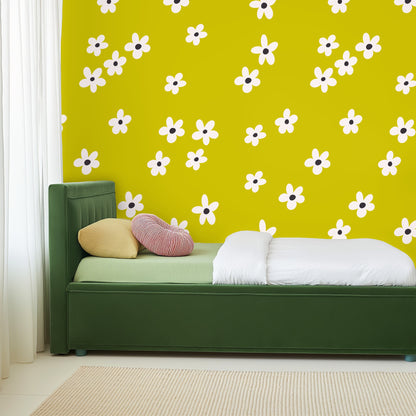 Powder room vignette showing Citron Bloom behind a small vanity and mirror for a bold, compact statement.