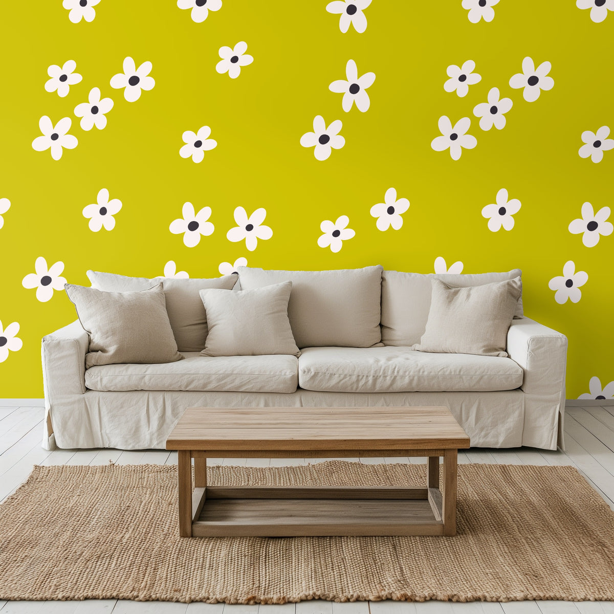 Living room accent wall in Citron Bloom with a neutral sofa, textured rug and warm-toned accent chair.