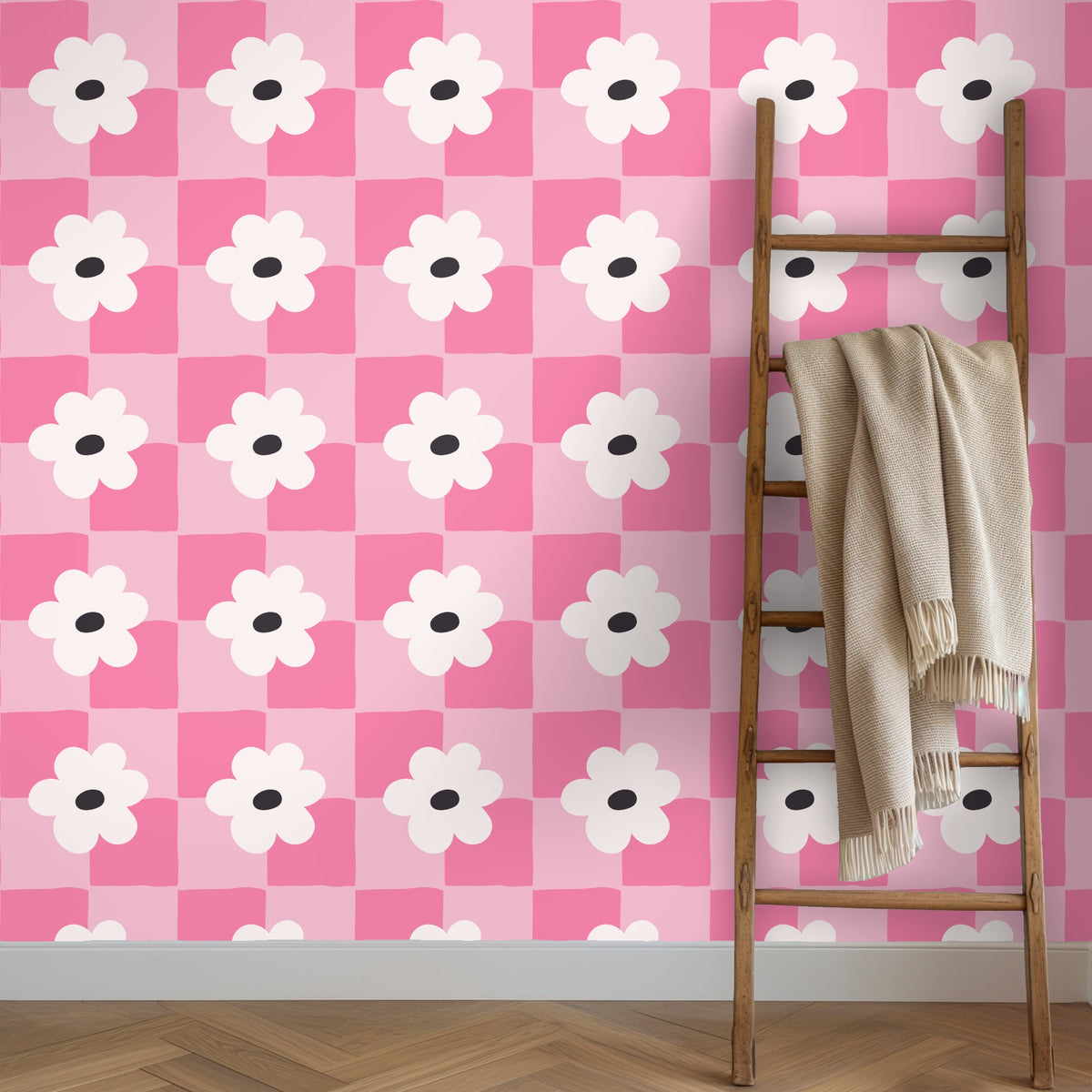 Bedside view with white linens and the wallpaper as a bold but warm headboard backdrop