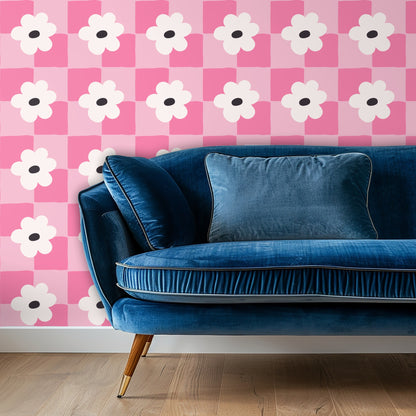 Kitchen or shelf vignette: two red ceramic bowls on a wood shelf with the pink floral grid as the backdrop