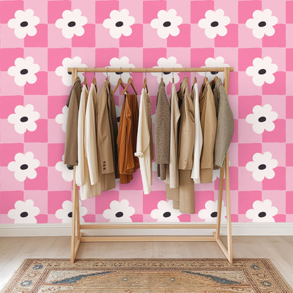 Detail crop showing the hand-drawn square edges, alternating pink tones, and the cream flower with a charcoal center