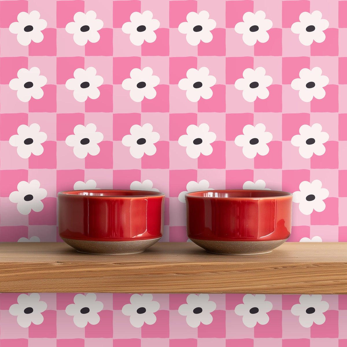 Wide shot of a vaulted bedroom wall covered edge-to-edge in the Petal Grid Rosette pattern behind a bed
