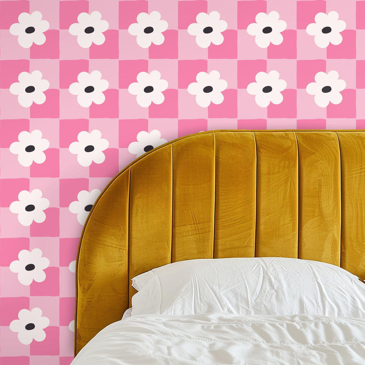 Full pattern artwork: pink checkerboard with cream six-petal flowers and charcoal centers, hand-drawn square edges visible
