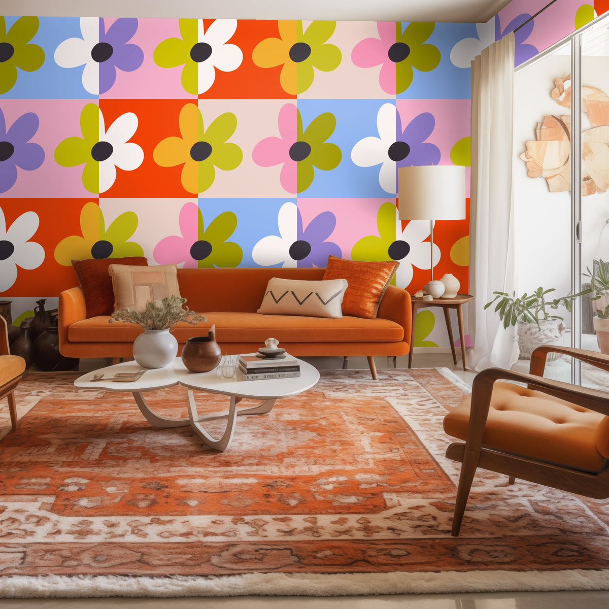 Living room vignette with Patchwork Bloom covering an accent wall behind an orange mid-century sofa, the pattern scaled to large tiles.