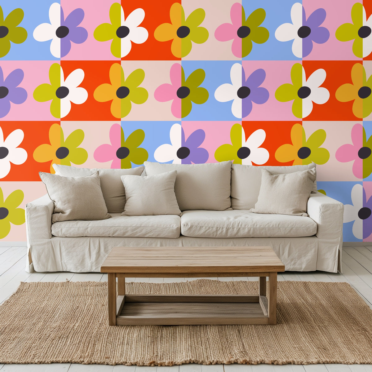 Hallway shot with Patchwork Bloom applied to a full wall, illustrating how the checkerboard repeat punctuates a transitional space.