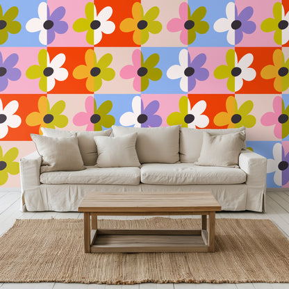 Hallway shot with Patchwork Bloom applied to a full wall, illustrating how the checkerboard repeat punctuates a transitional space.