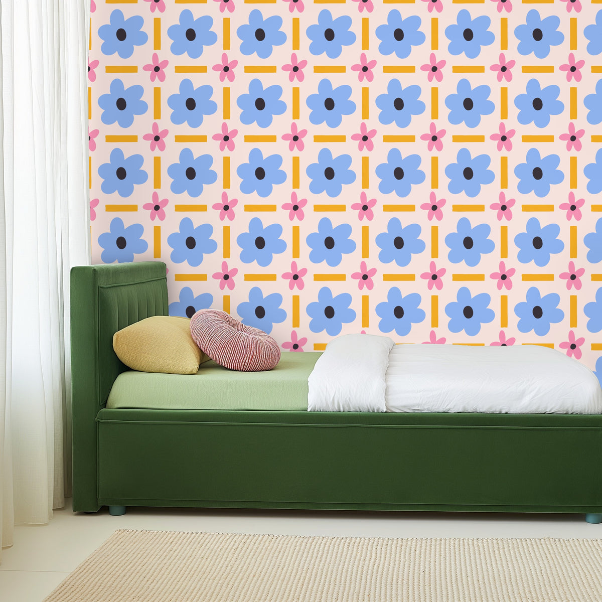 Bathroom detail with a towel ring close to the wall, showing small pink flowers and mustard bars at near-view scale.
