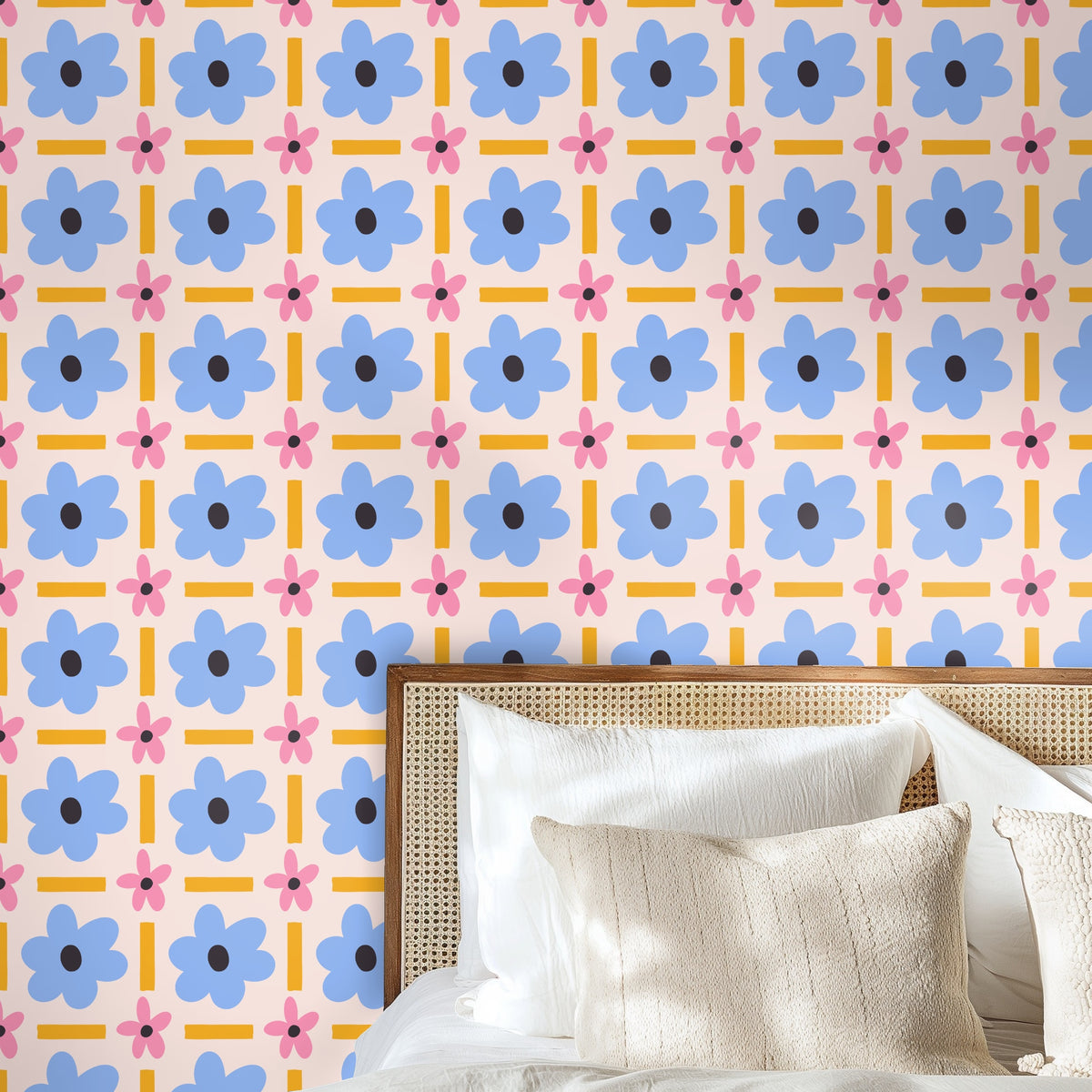 Cropped pattern view highlighting the evenly spaced blue blooms, small pink flowers and mustard rectangular accents to illustrate scale.