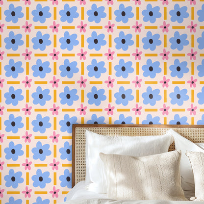 Cropped pattern view highlighting the evenly spaced blue blooms, small pink flowers and mustard rectangular accents to illustrate scale.