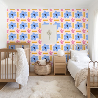 Entryway console styled against Petal Block wallpaper, framed artwork and lamp set in front of the patterned field.