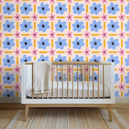 Repeat tile of the original artwork showing large periwinkle blue flower with dark charcoal center, small pink blossoms and mustard bars ona