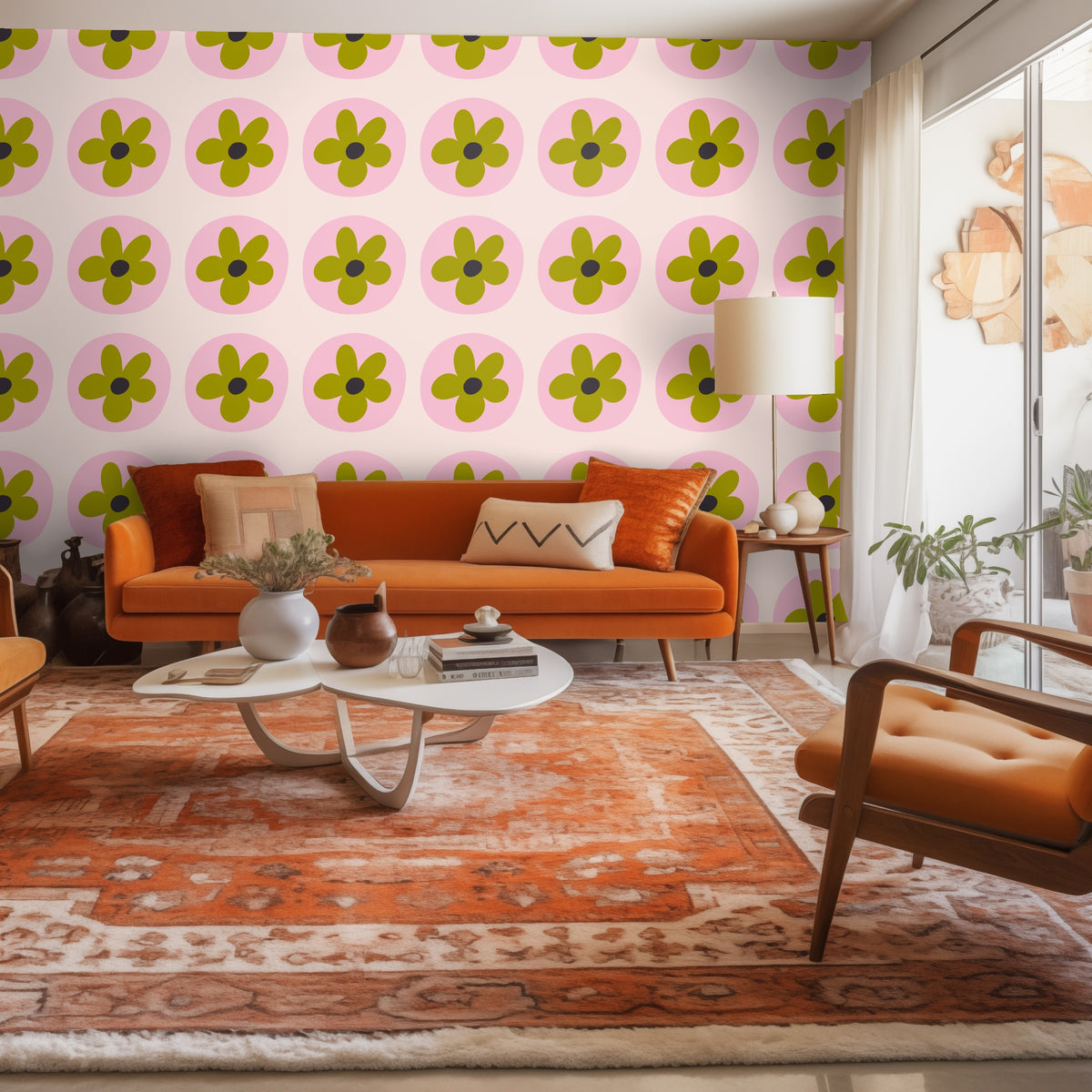 Pink scalloped headboard beside a wall covered in Petal Orbit wallpaper, highlighting the pink and olive color pairing.