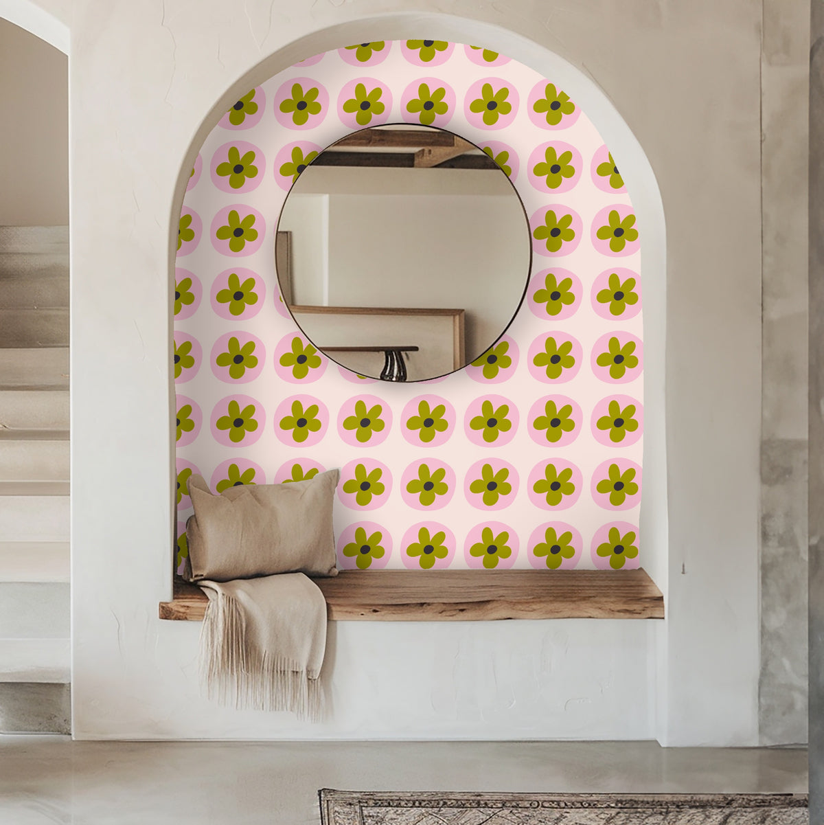 Boho-inspired bedroom showing the Petal Orbit pattern as a focal wall with neutral linens and woven textures.
