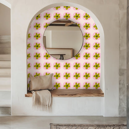 Boho-inspired bedroom showing the Petal Orbit pattern as a focal wall with neutral linens and woven textures.