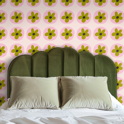 Small entry bench and throw in front of Petal Orbit wallpaper, illustrating the pattern in a compact foyer setting.