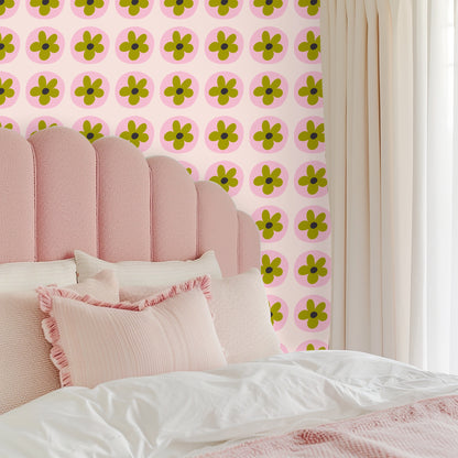 Soft sunlight falls across the Petal Orbit wallpaper behind a pendant lamp, showing the pattern's mid-scale repeat.
