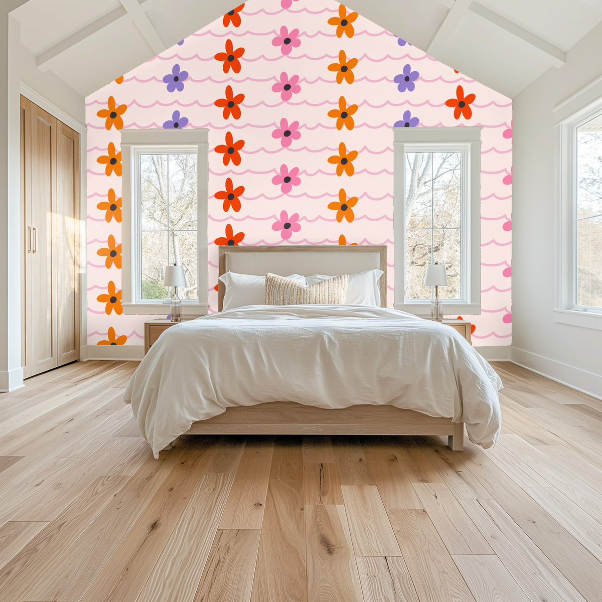 Entryway styling with Ripple & Bloom behind a wood dresser and round mirror, demonstrating pattern in a narrow wall